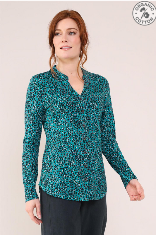 Nomads GOTS Nehru collar jersey shirt in topaz