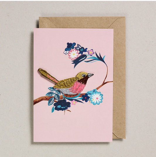 Petra Boase pink embroidered card with bird keepsake