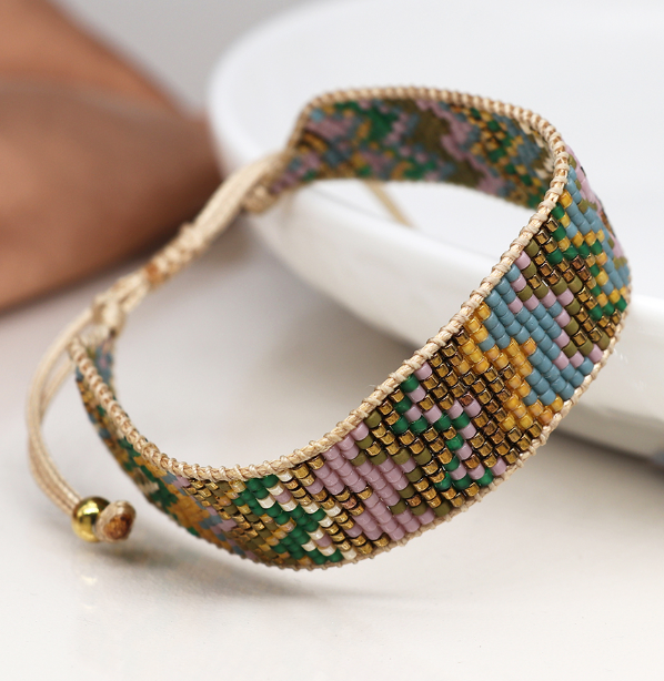 Pom adjustable woven earthy mix zig zag bracelet