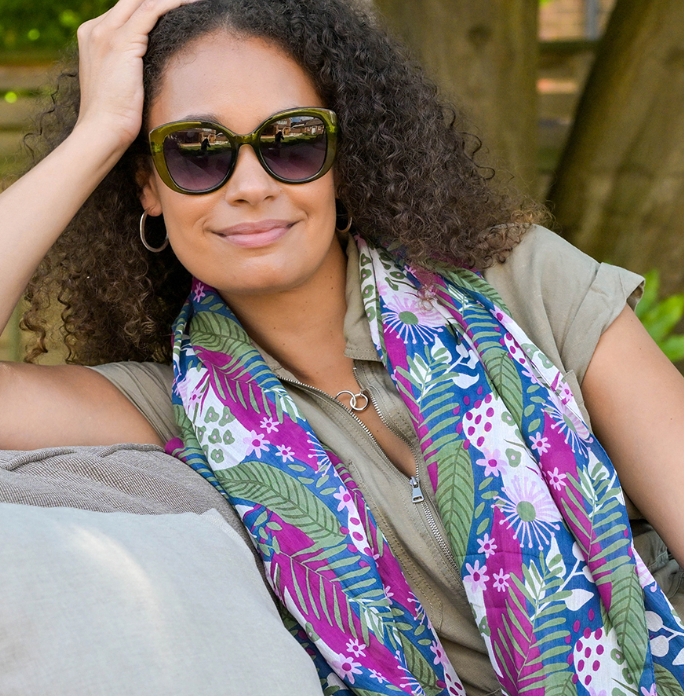 POM Organic plum, blue and green mix scarf