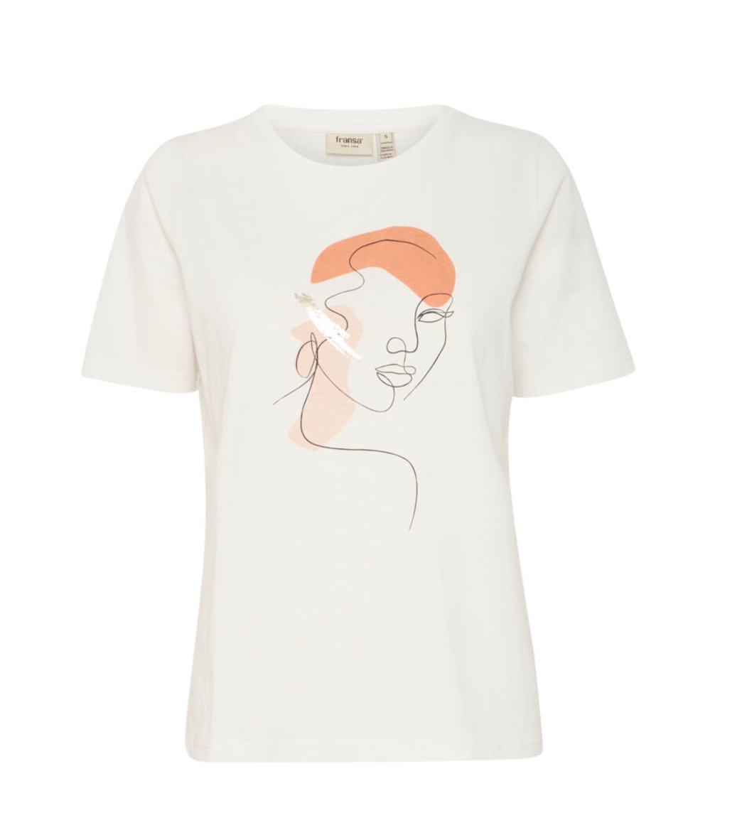 Fransa Riley tee in white with apricot abstract design