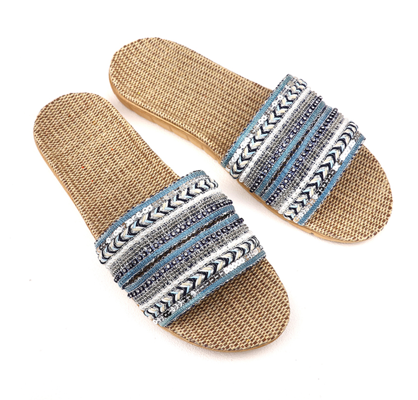 POM Sliders with flax lining and sparkle blue upper