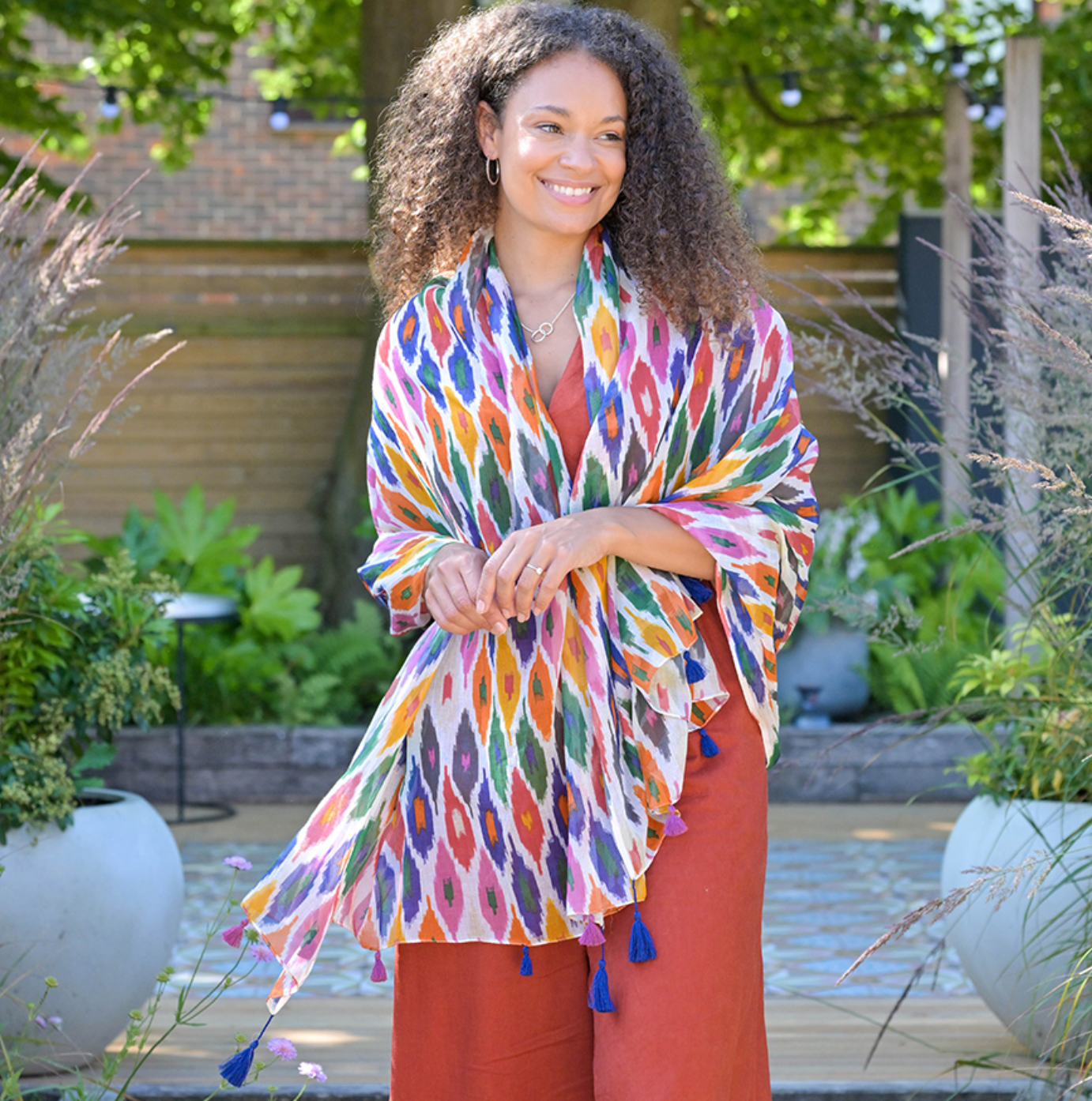 POM Ikat print organic scarf with tassels
