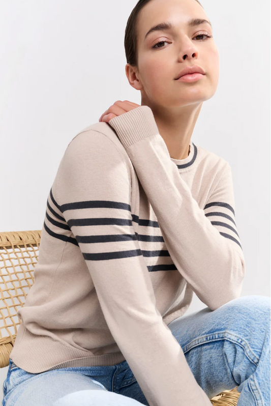 Yaya fine knitted striped sweater with long sleeve in hummus