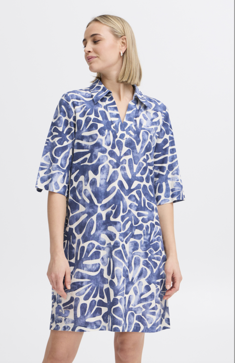 Fransa Maddie dress in blue and ecru