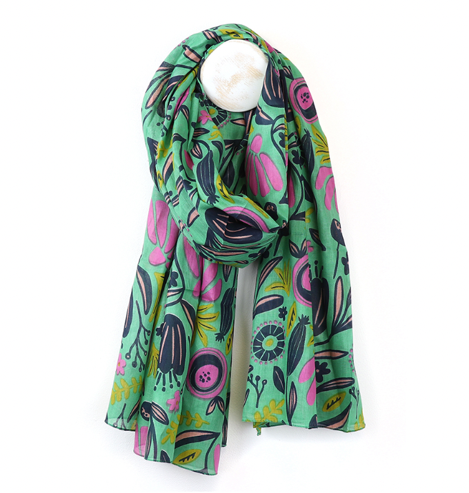 POM Organic Cotton green mix abstract meadow print scarf