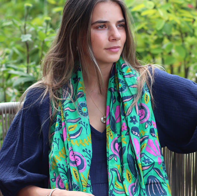 POM Organic Cotton green mix abstract meadow print scarf