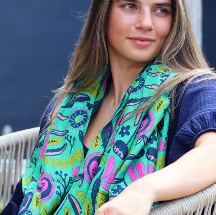 POM Organic Cotton green mix abstract meadow print scarf