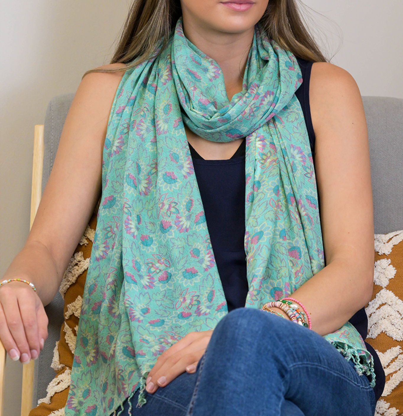 POM Soft turquoise soft romantic floral scarf