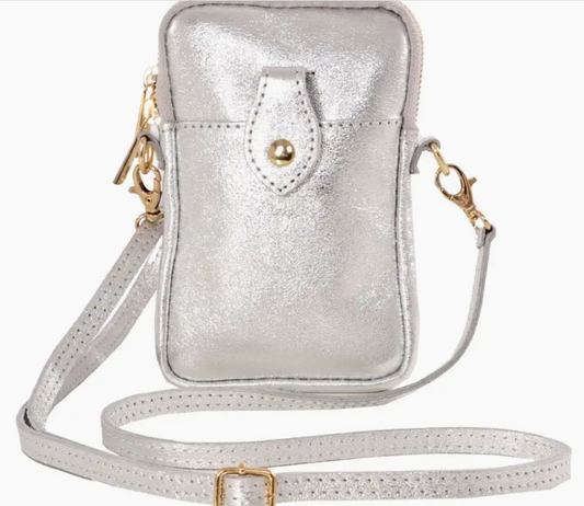 Silver leather crossbody phone bag