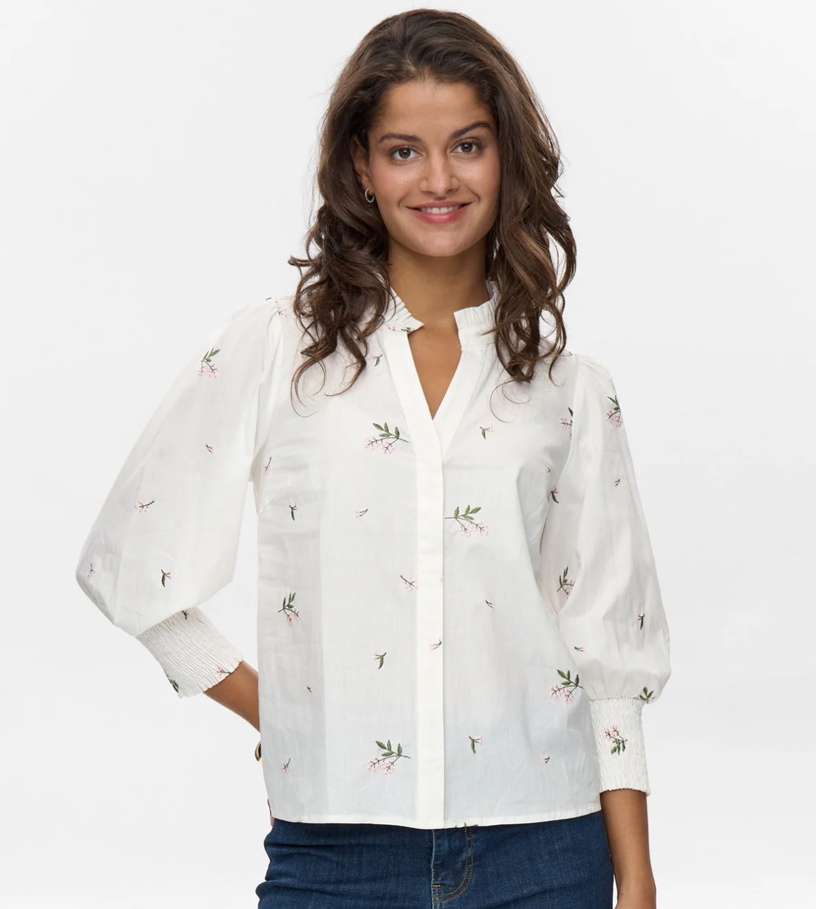 Numph Nutallie white blouse with embroidered pink and green detail