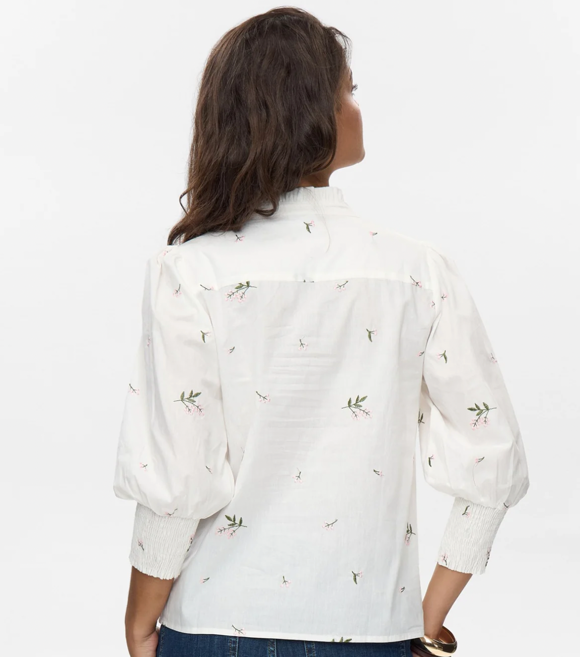 Numph Nutallie white blouse with embroidered pink and green detail