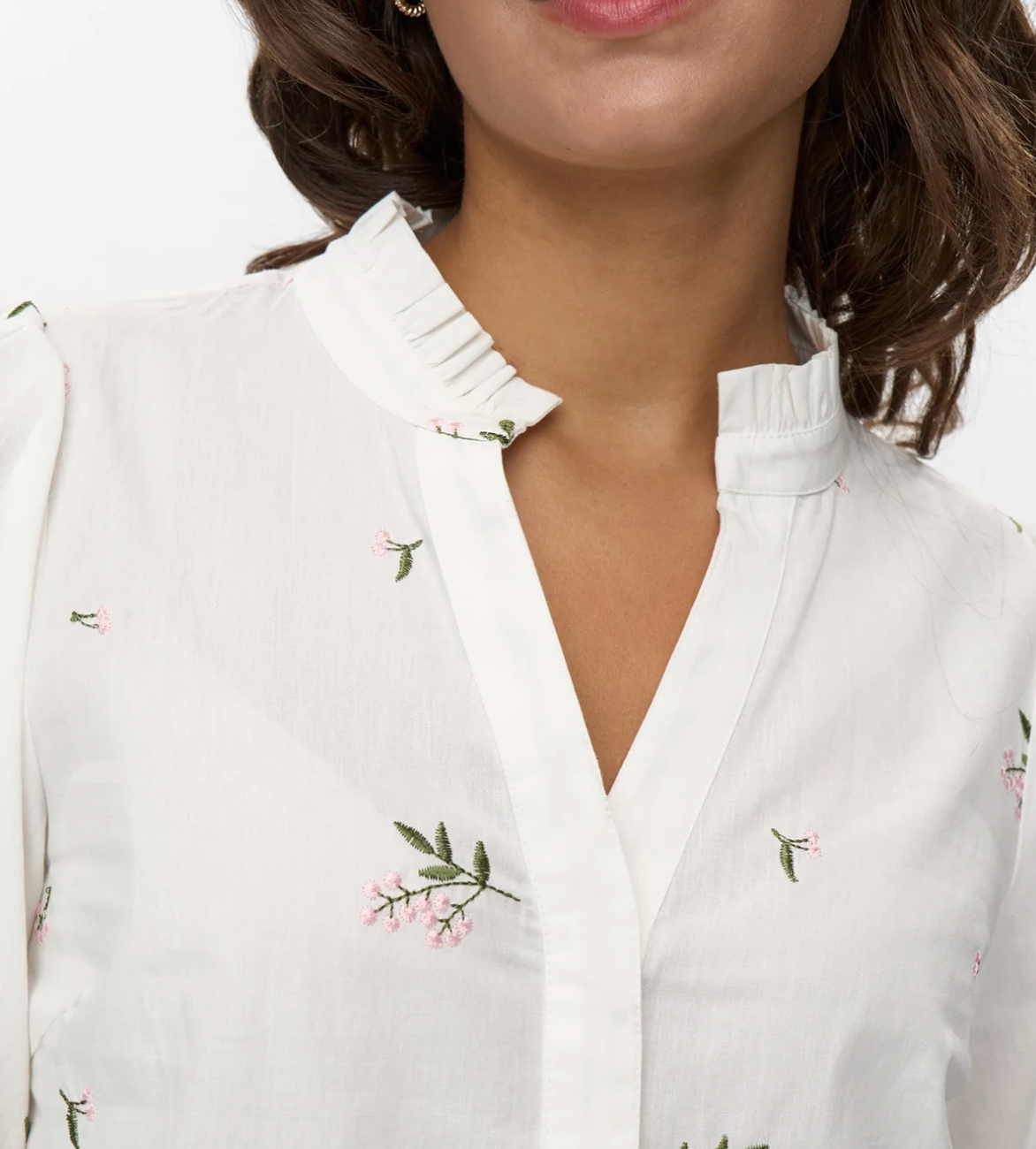 Numph Nutallie white blouse with embroidered pink and green detail