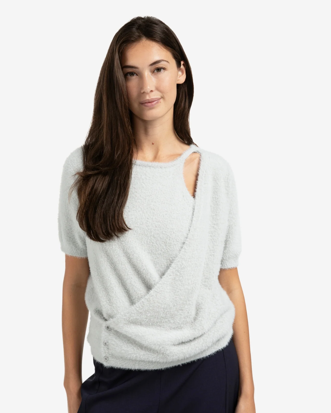 Yaya fluffy short sleeve sweater in light grey with wrapover