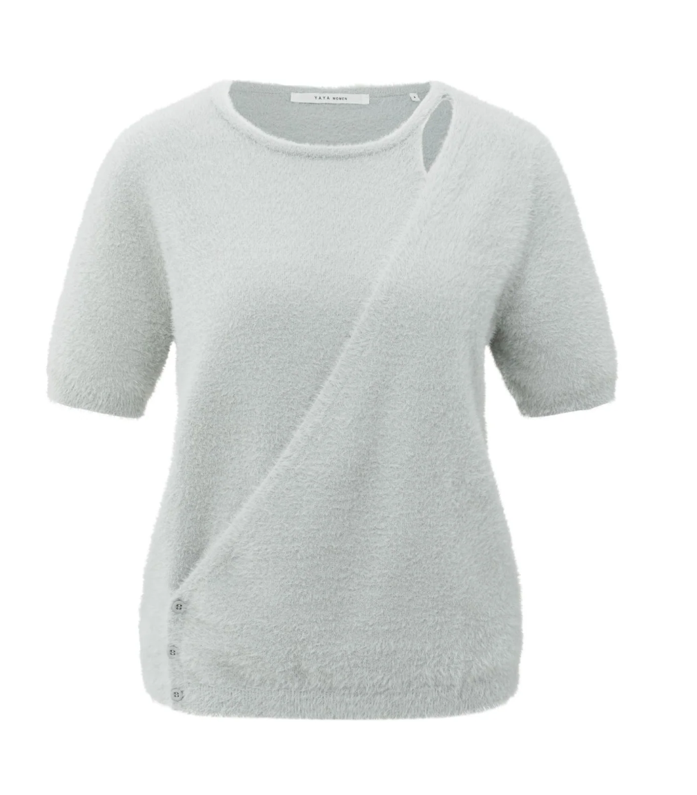 Yaya fluffy short sleeve sweater in light grey with wrapover