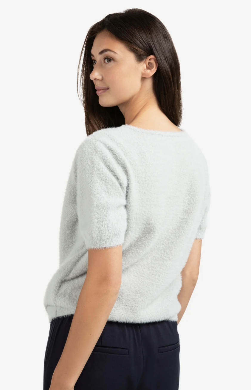 Yaya fluffy short sleeve sweater in light grey with wrapover