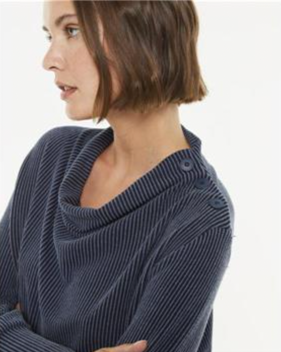 Paz Torras navy and grey textured top with shoulder button detail