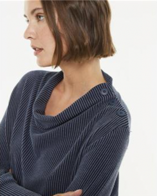 Paz Torras navy and grey textured top with shoulder button detail