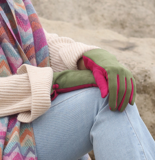 POM Olive & Fuchsia pink contrast faux suede gloves