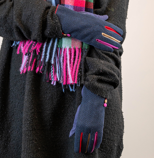 POM Faux suede navy button gloves