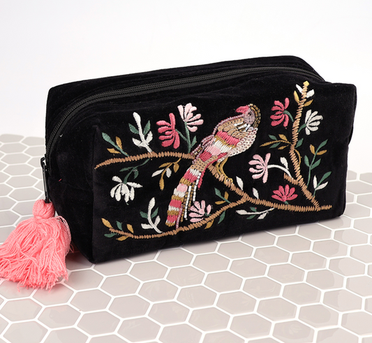 POM Black velvet make up bag with embroidery