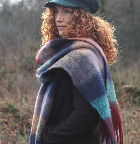POM Blue & Burgundy fluffy winter scarf