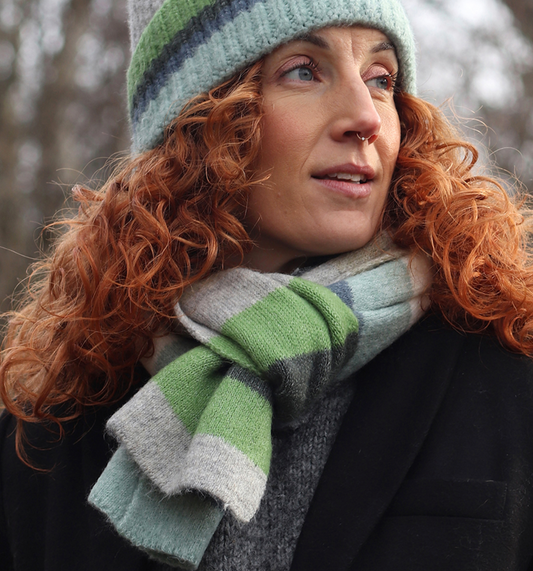 POM Denim, grey & green multi stripe scarf