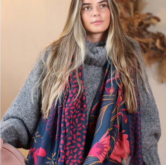 POM Navy and Red foliage recycled scarf