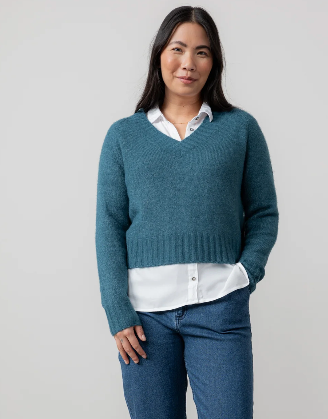 Lily & Me Woodchester sweater in petrol blue