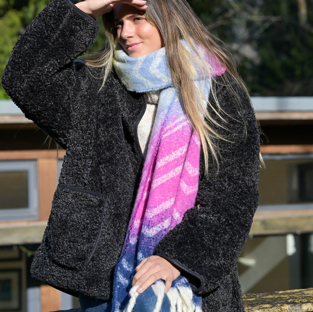 POM Blue, pink and yellow boucle scarf