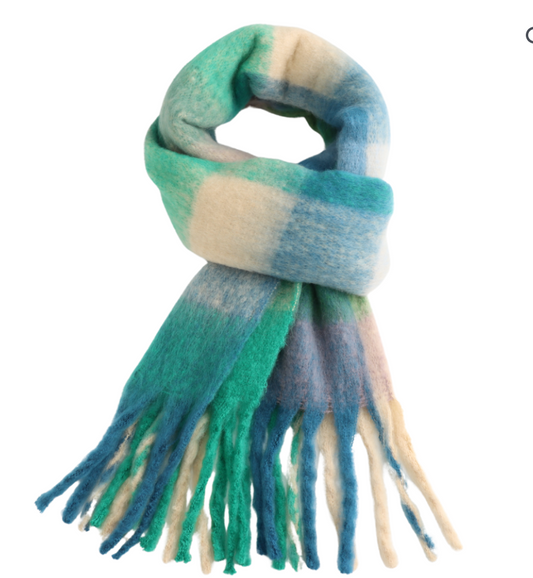Lua tartan scarf in green with aqua blue and cream
