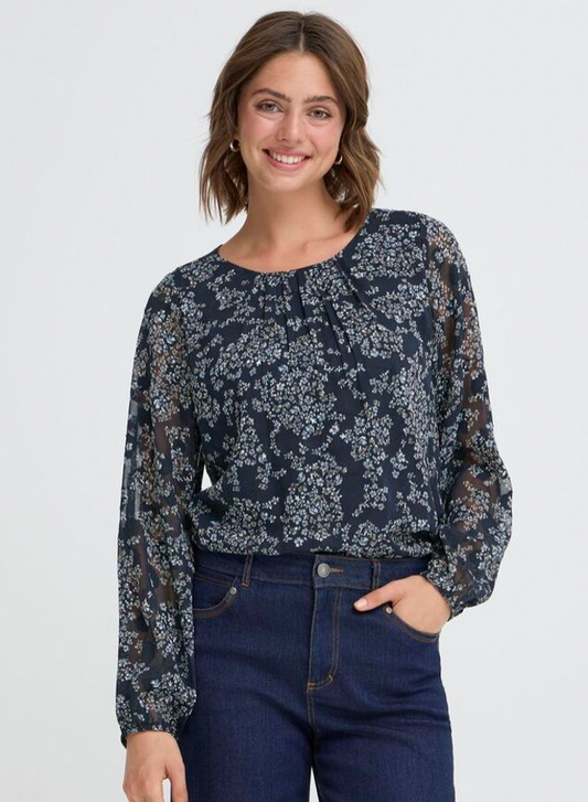 Fransa Chay blousey top in navy and white
