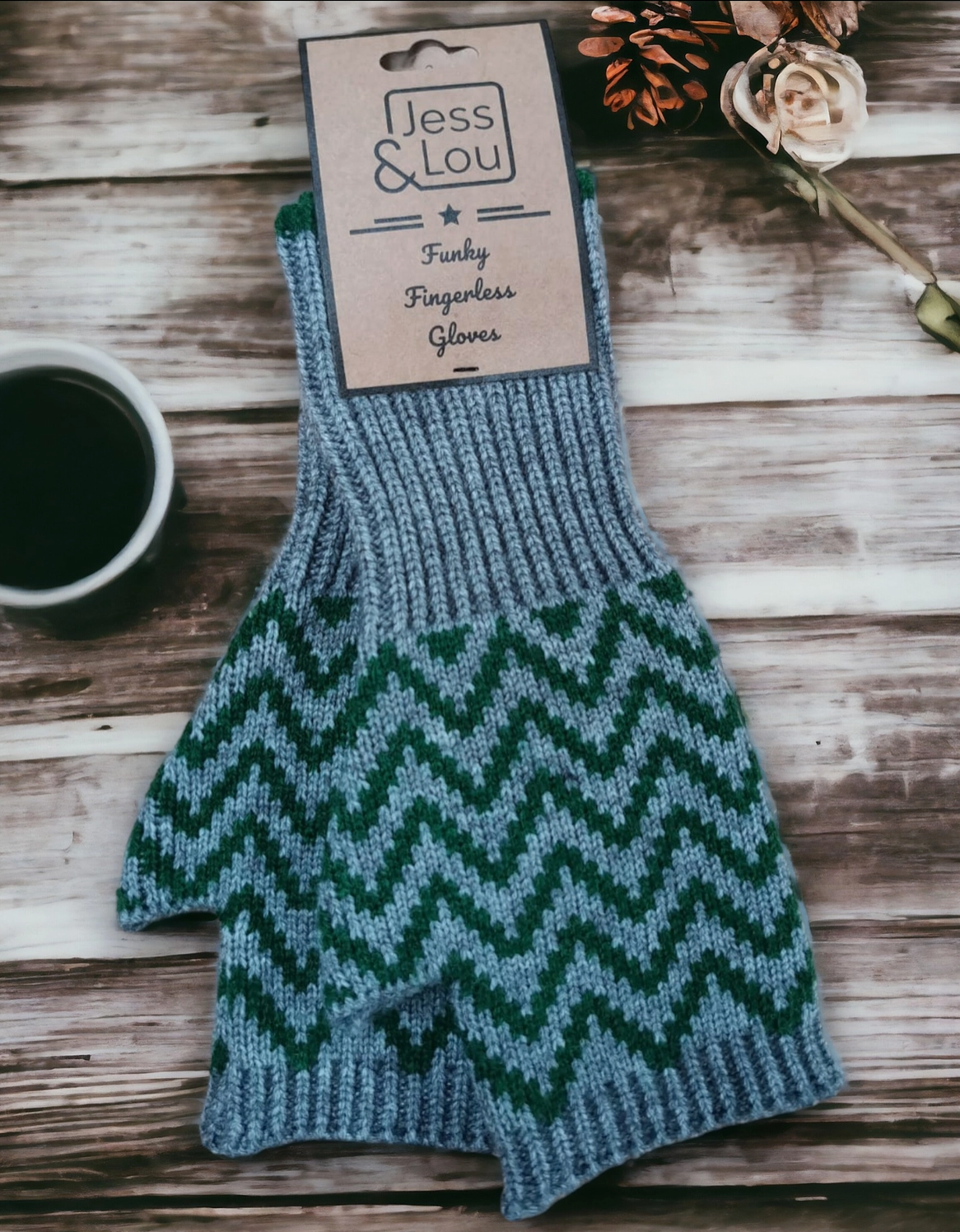 Jess & Lou green and grey herringbone wrist warmers