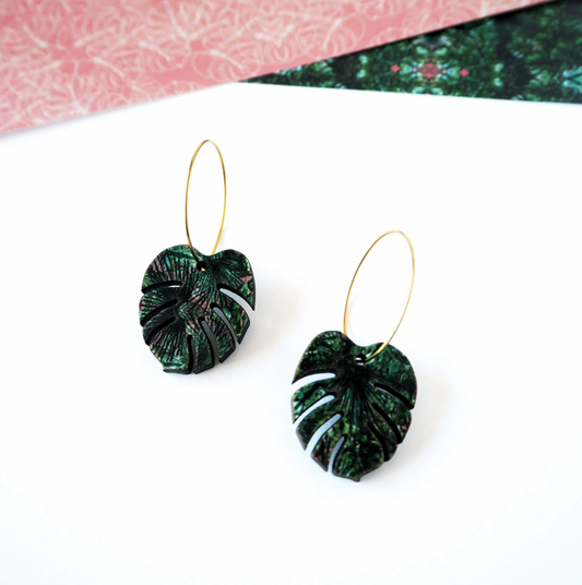 Mica Peet green monstera plant earrings