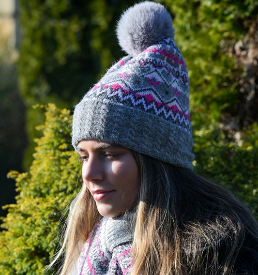 POM Grey fair isle bobble hat