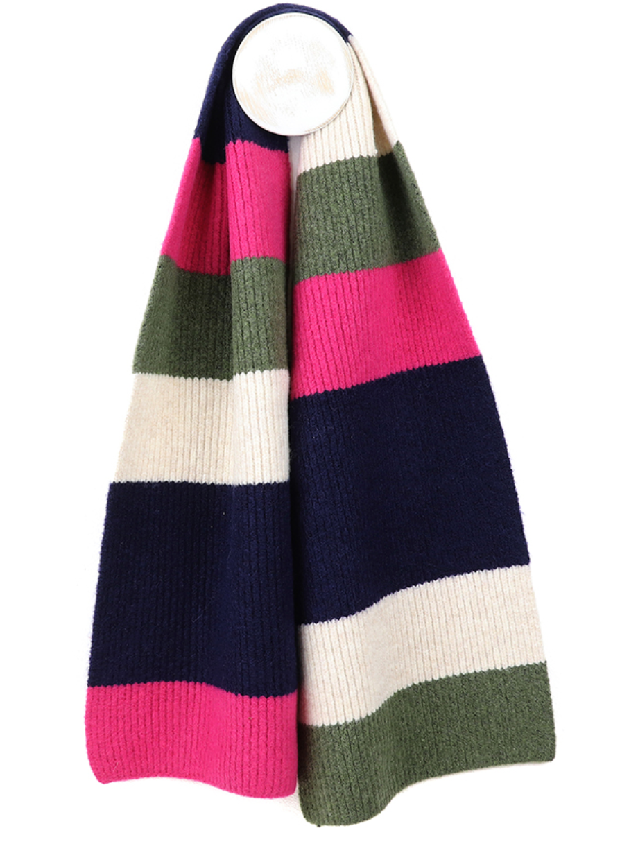 POM Navy, khaki and pink striped recycled blend scarf