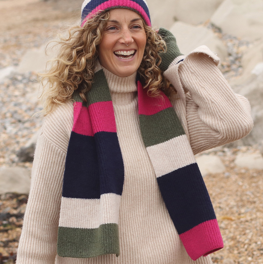 POM Navy, khaki and pink striped recycled blend scarf