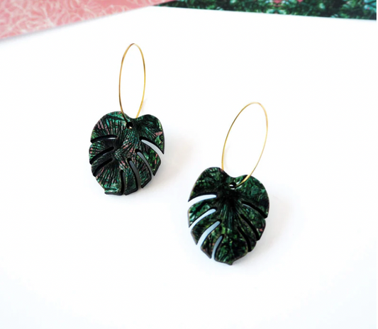 Mica Peet Green Monstera plant hoop earrings
