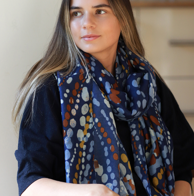 POM Blue scarf with dotty wave design - [shop_name Strathaven] [womens clothing]