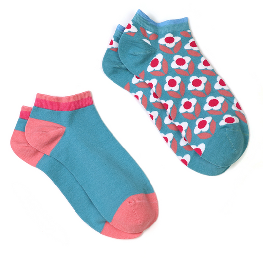 Turquoise and pink retro 2 pair trainer socks - [shop_name Strathaven] [womens clothing]