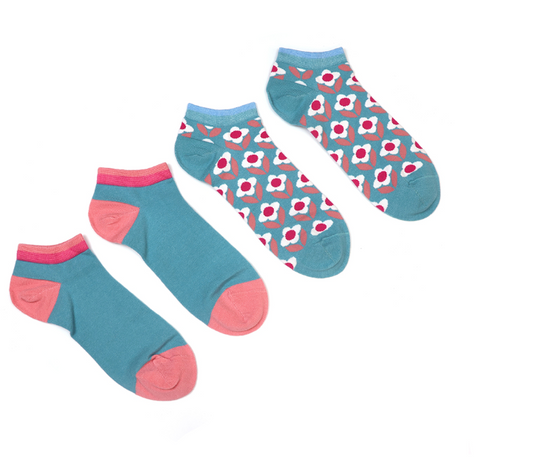 Turquoise and pink retro 2 pair trainer socks - [shop_name Strathaven] [womens clothing]