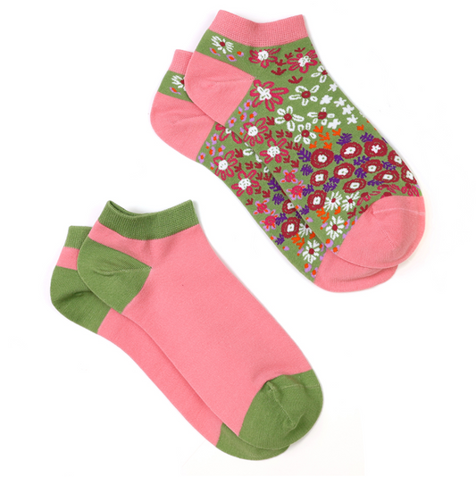 Coral pink and olive green 2 pair trainer socks - [shop_name Strathaven] [womens clothing]