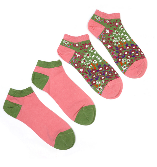 Coral pink and olive green 2 pair trainer socks - [shop_name Strathaven] [womens clothing]