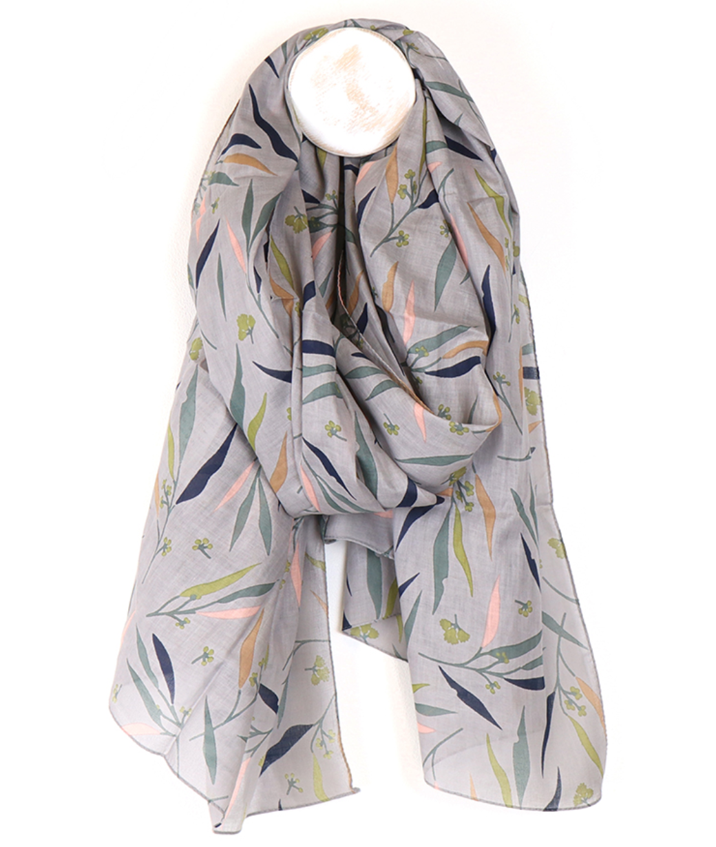 Grey mix leaf print organic cotton scarf - [shop_name Strathaven] [womens clothing]