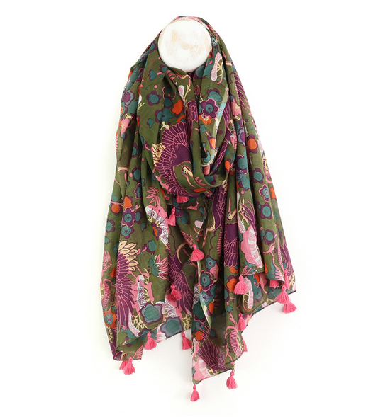 Khaki and purple prardise print organic cotton scarf - [shop_name Strathaven] [womens clothing]