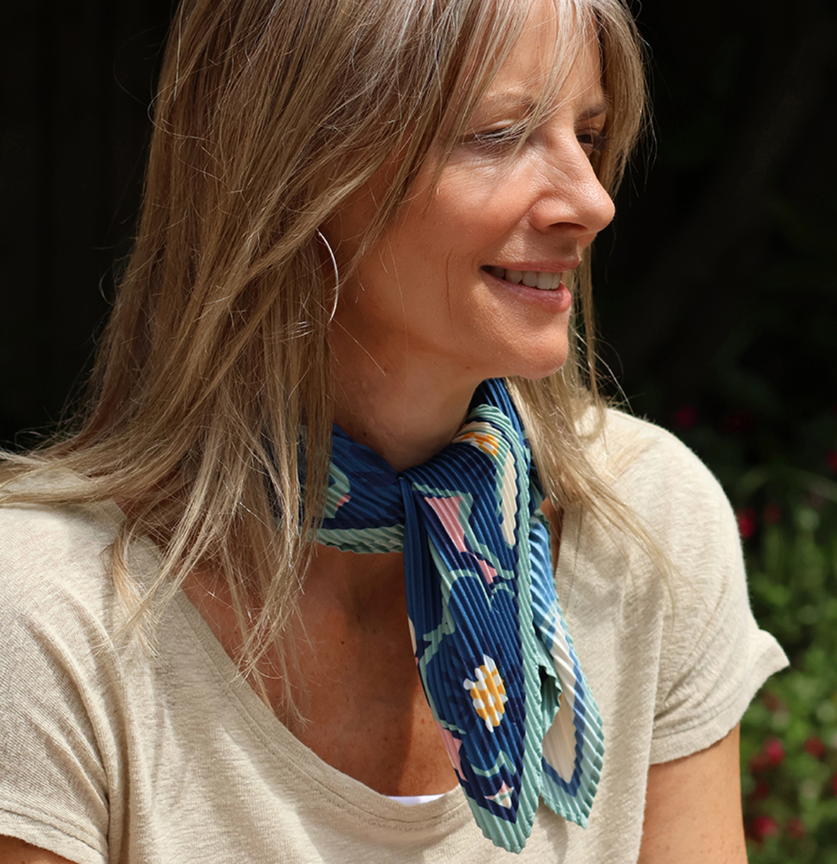 Navy and green floral recycled polyester pleated neckerchief - [shop_name Strathaven] [womens clothing]