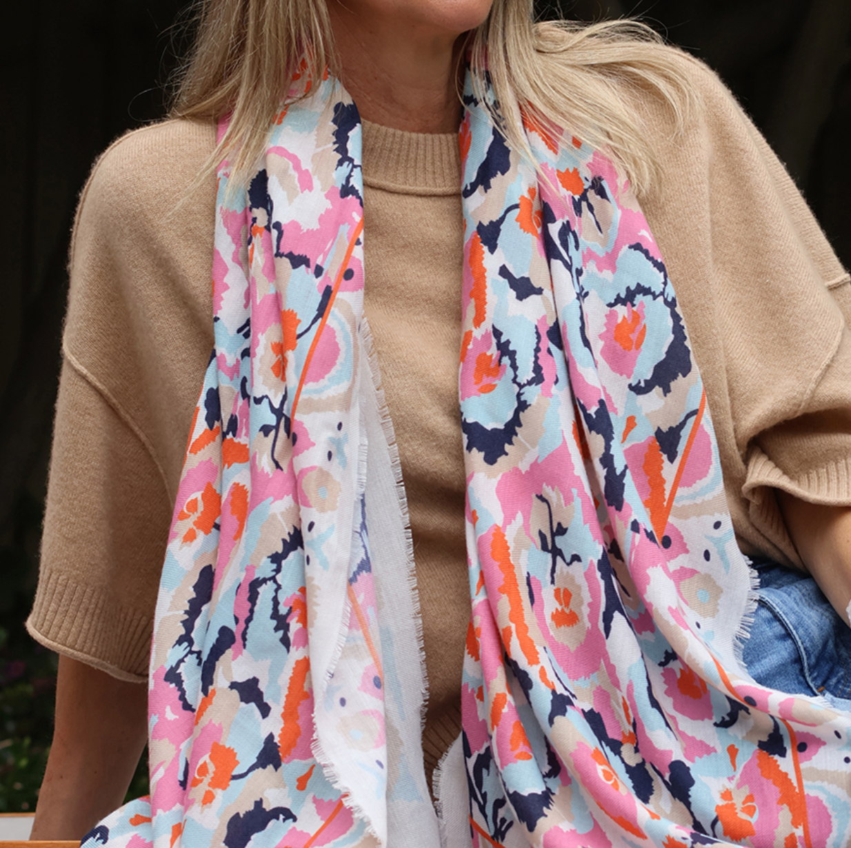 White and coral mix abstract recycled polyester scarf - [shop_name Strathaven] [womens clothing]