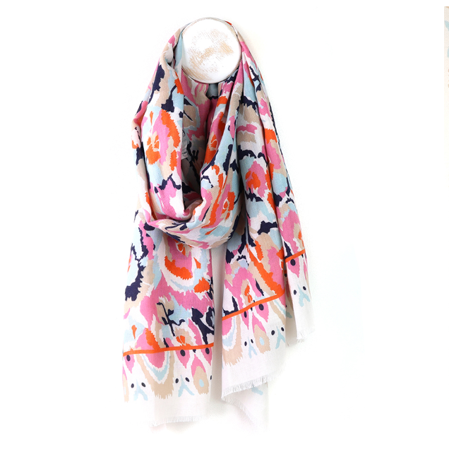 White and coral mix abstract recycled polyester scarf - [shop_name Strathaven] [womens clothing]