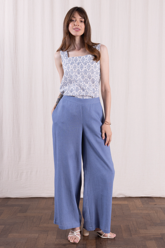 Nomads linen blend wide leg trouser in cornflower - [shop_name Strathaven] [womens clothing]