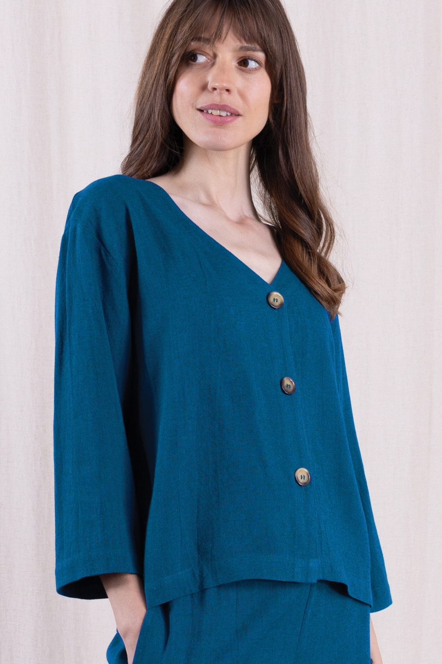 Nomads Linen blend v neck jacket in neptune - [shop_name Strathaven] [womens clothing]